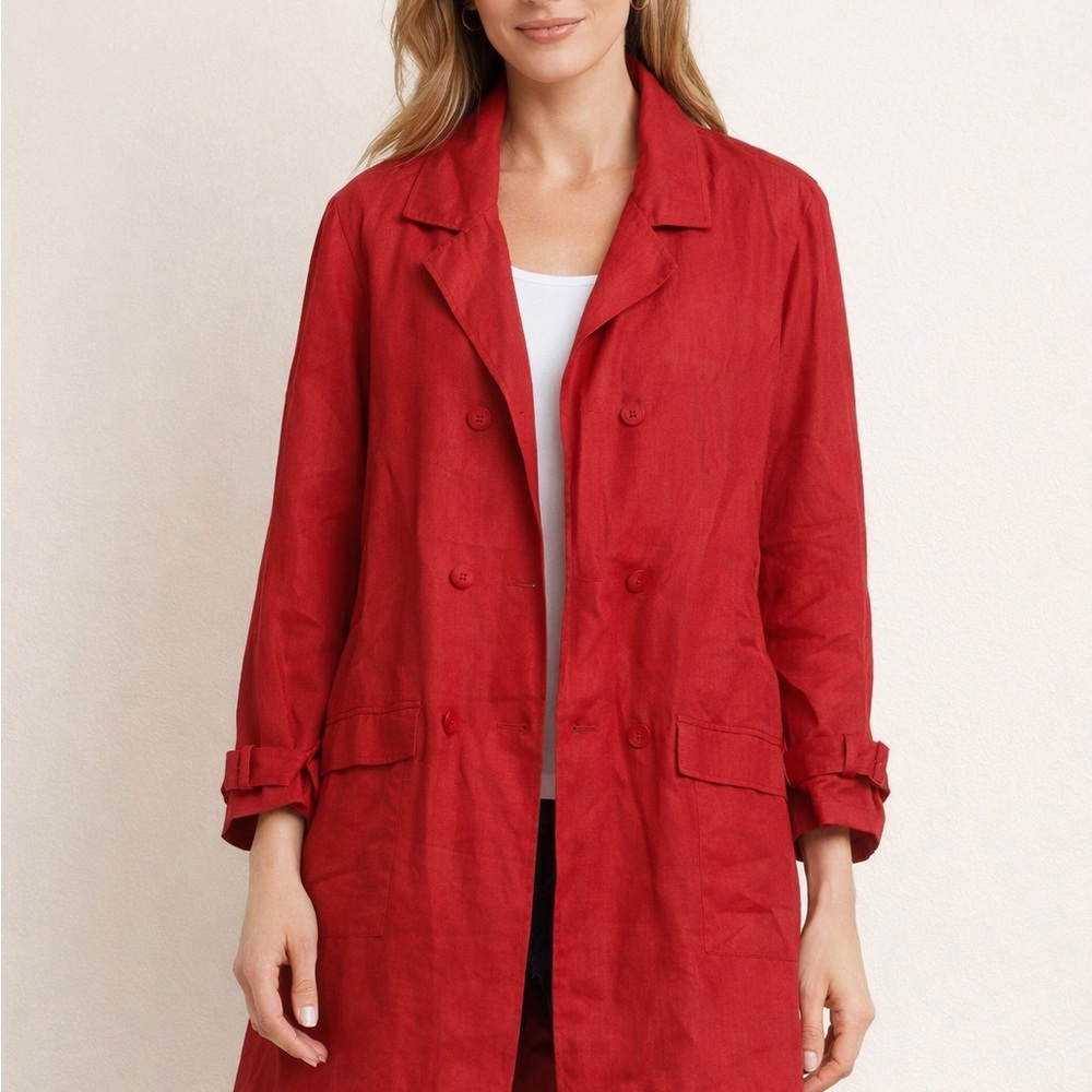 Ellen‎ Tracy Red Double-Breasted Blazer Coat 12 Linen Lightweight Career Layer